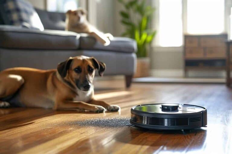 A dog is peacefully laying on the floor next to a robot vacuum.