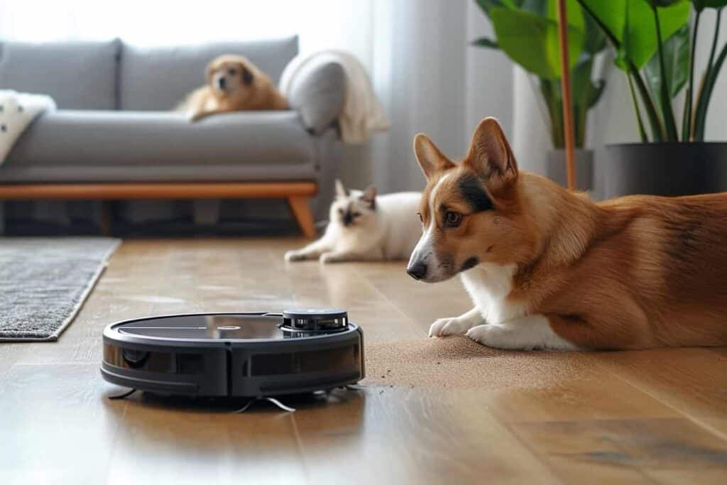 A dog is peacefully laying on the floor next to a robot vacuum designed specifically for pet hair.
