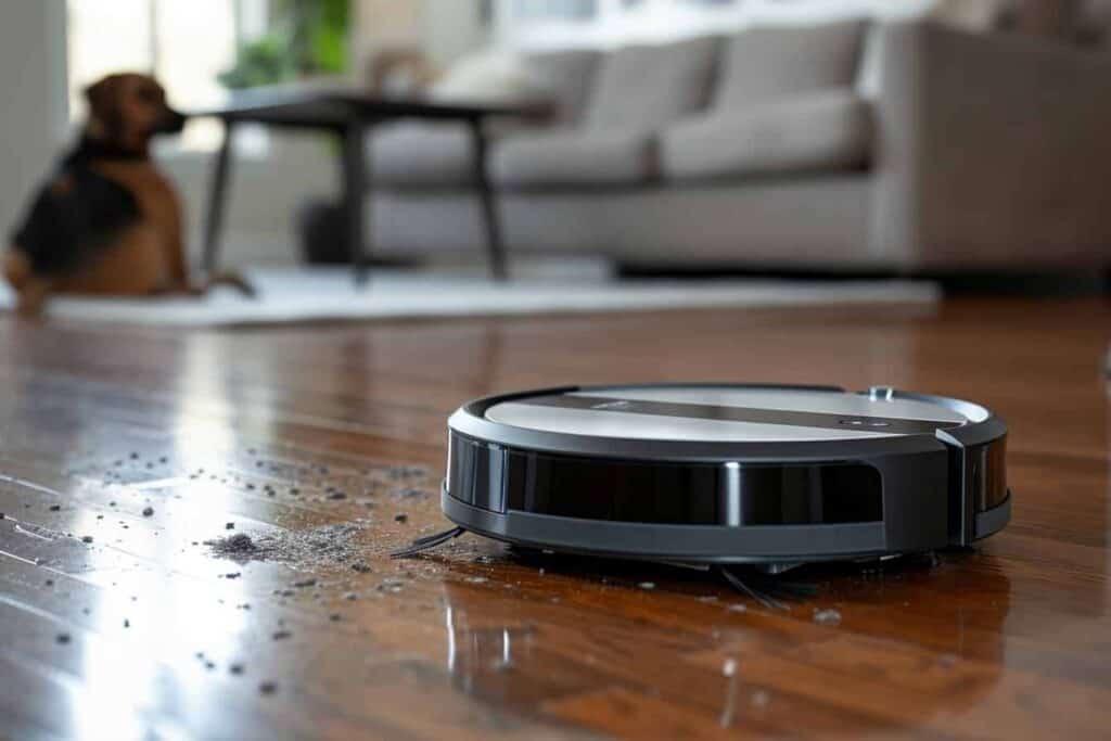 A robotic vacuum cleaner specifically designed for pet hair, quietly maneuvering across the floor of a living room.