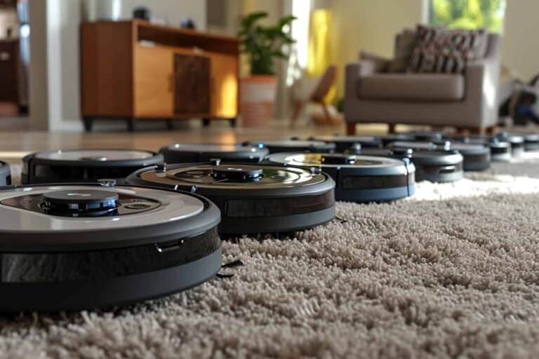 A row of Roomba robotic vacuum cleaners, best suited for carpet, in a living room.