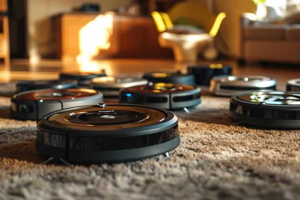 A group of roombas for carpet in a living room.