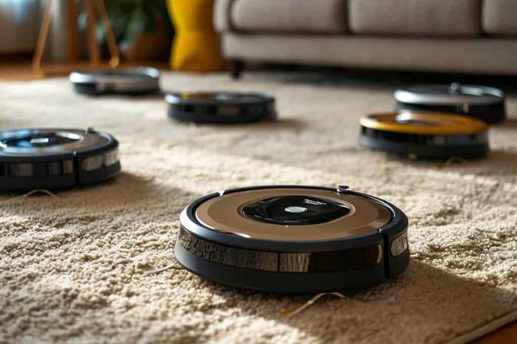 A group of "roombas for carpet" in a living room.