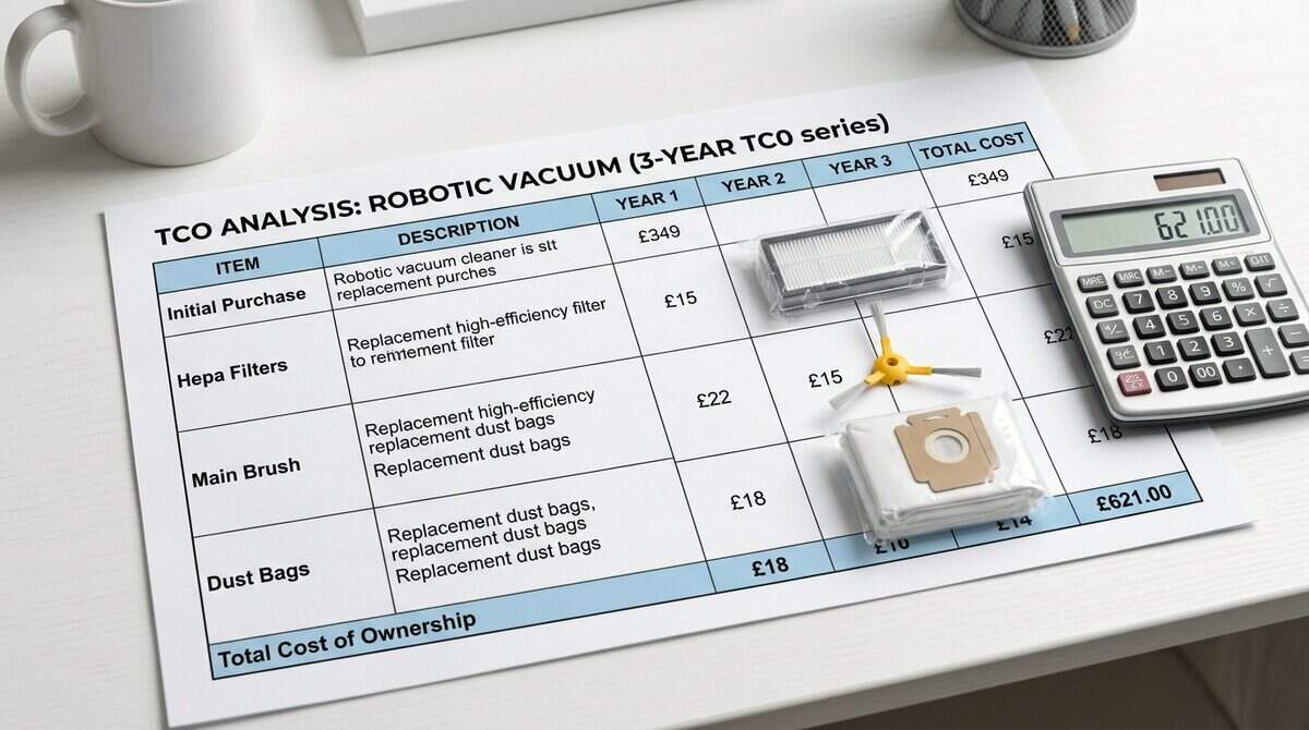 TCO worksheet with Roomba consumables, filters, bags, and calculator