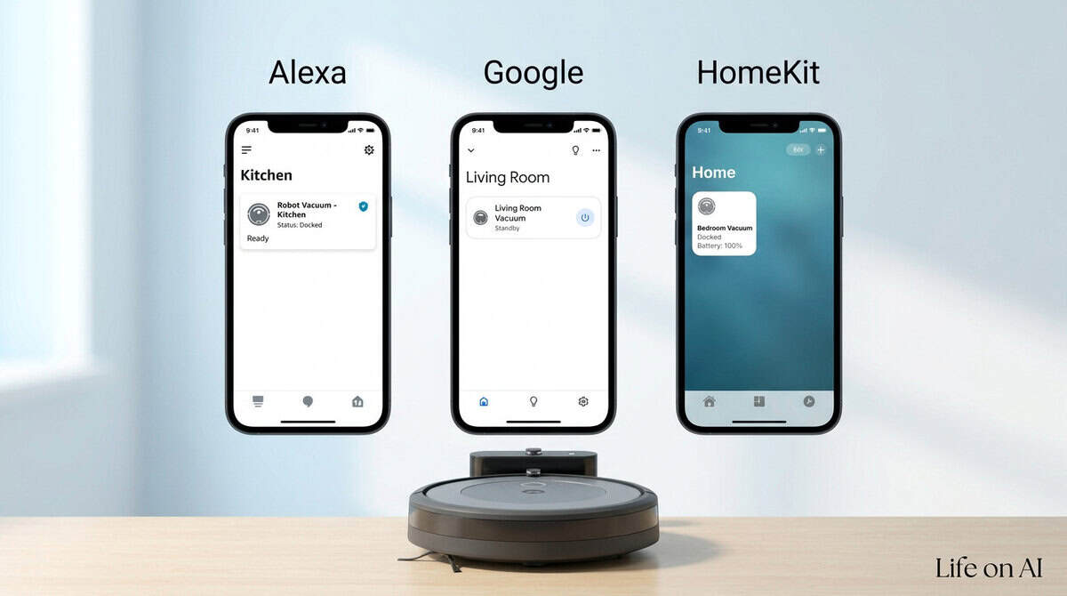 Three phones showing Alexa, Google Home, and HomeKit apps with Roomba listed for voice linking