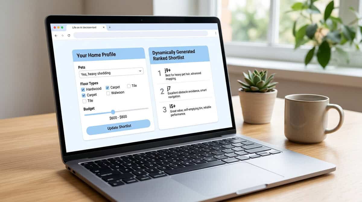 Laptop showing Life on AI decision-tool with questionnaire and ranked Roomba recommendations
