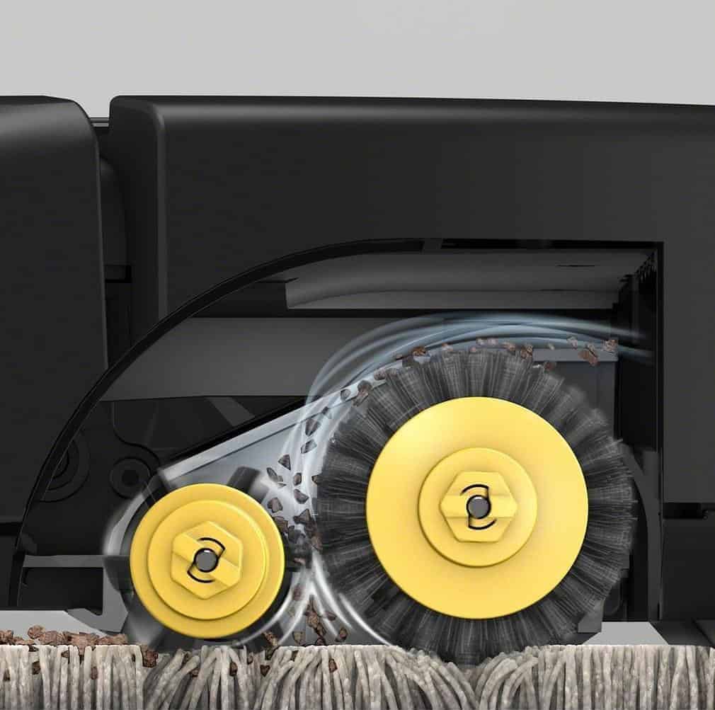 The Roomba 694 is a vacuum cleaner with a yellow and black wheel.