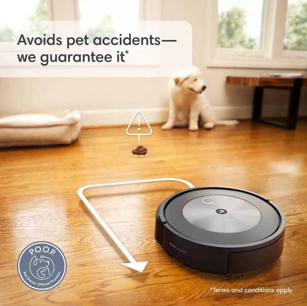 Irobot roomba robot vacuum with a dog on the floor. The roomba combo j5+ effectively cleans and navigates your floors, effortlessly removing pet hair.
