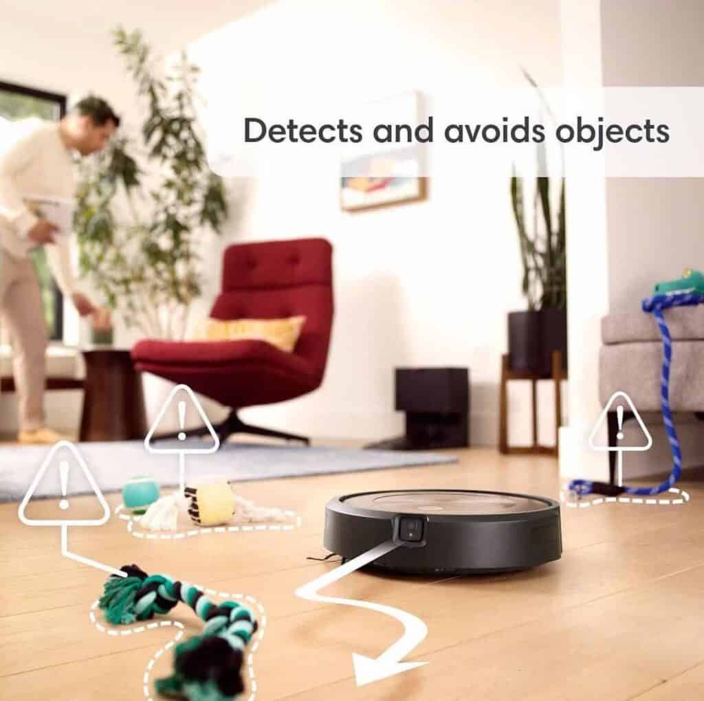The Roomba J9+ is a robot equipped with advanced sensors that allow it to detect and avoid objects in a living room. Its intelligent navigation and obstacle-avoidance capabilities make it the