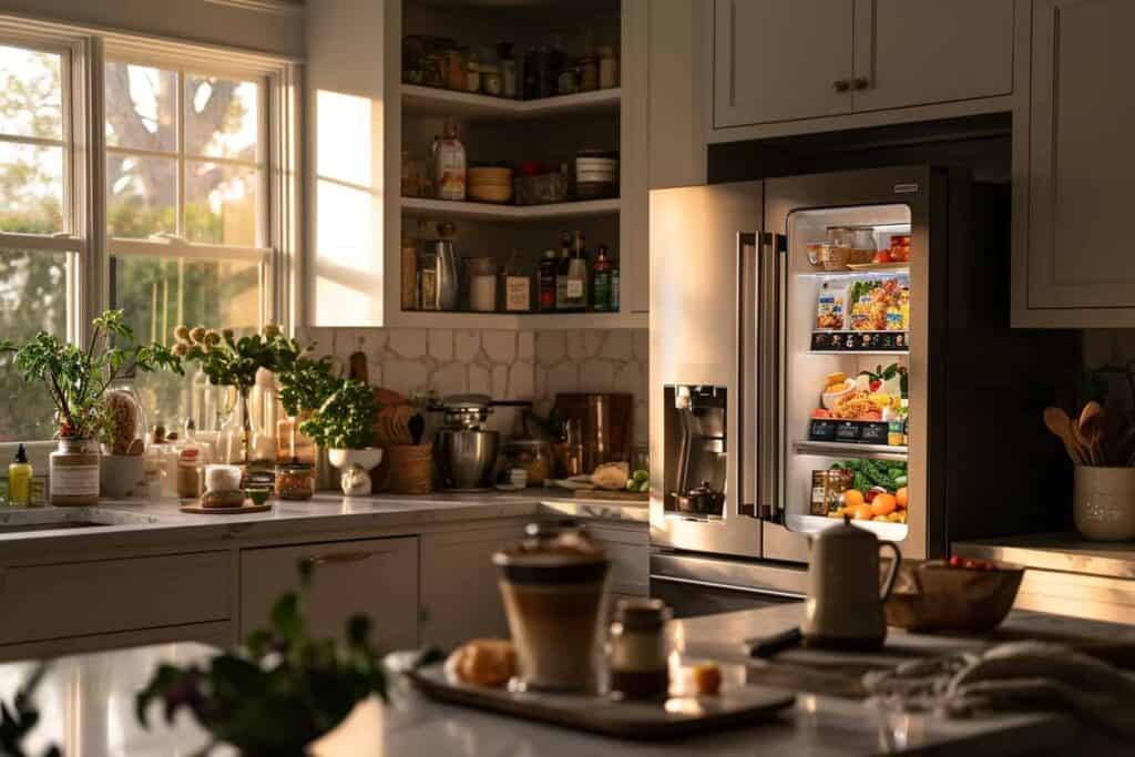 An innovative kitchen with a smart refrigerator in the middle of the room, perfect for building a smart home.