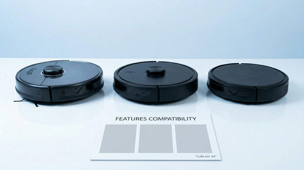 Three Roomba models with a compatibility card showing supported smart features and limits